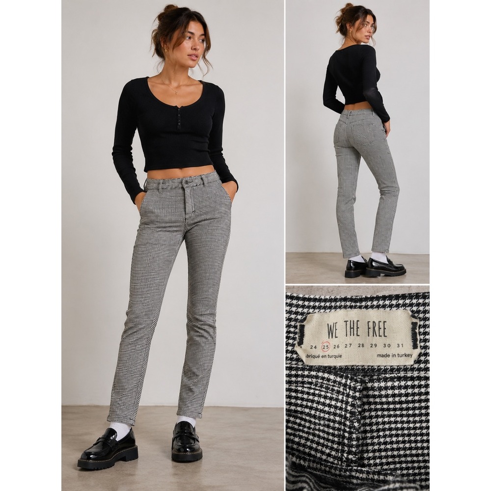 Free People Houndstooth Pants Black White Checkered Slim Fit T Size 25 |E1
